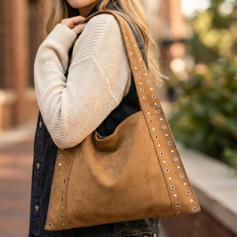 Grommet Strap Suede Shoulder Bag