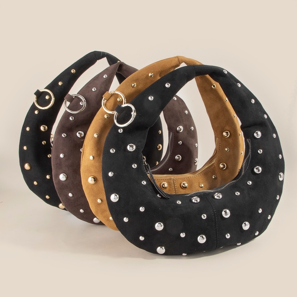 Dome Studded Chrome Crescent Hand Bag