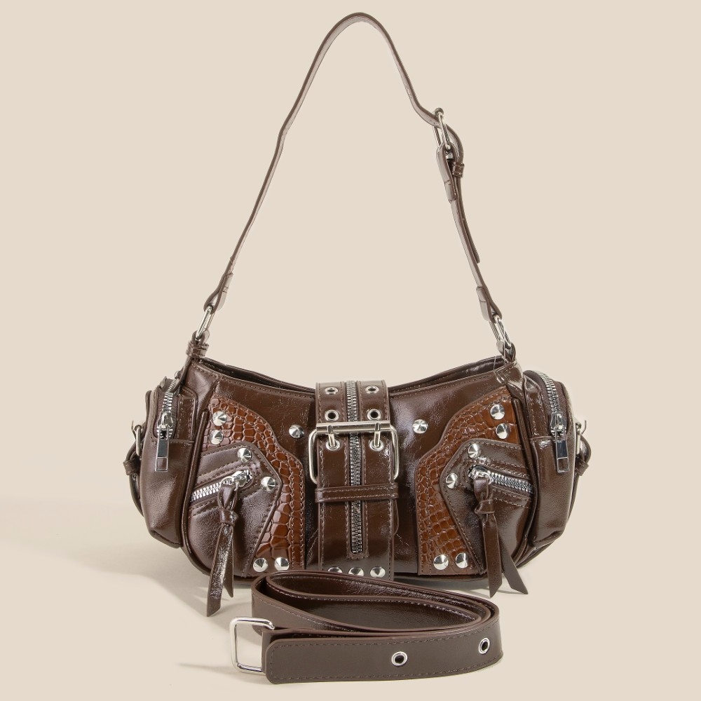 Rivet Detail Leather Shoulder Bag