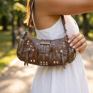 Rivet Detail Leather Shoulder Bag