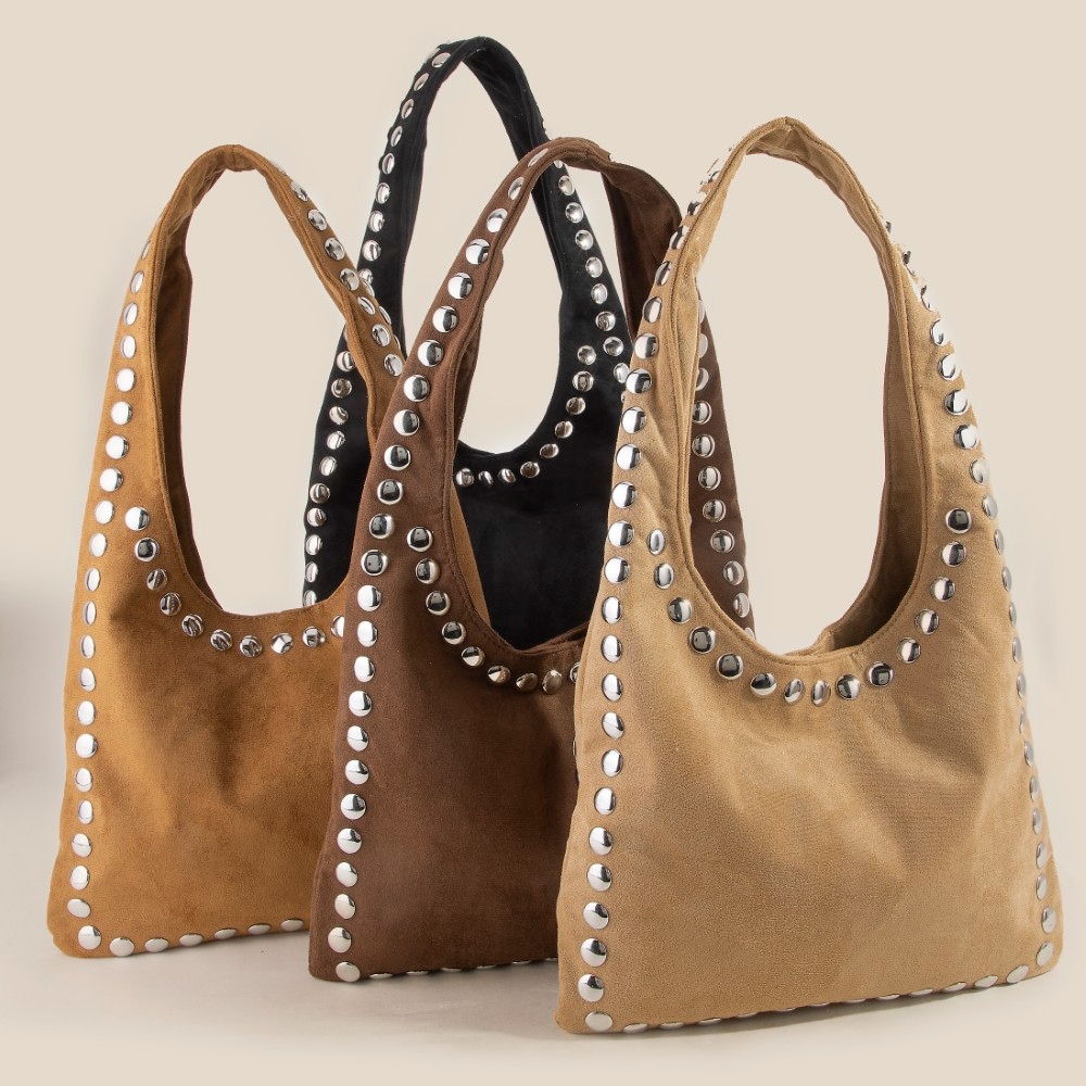 Grommet Border Studded Suede Shoulder Bag