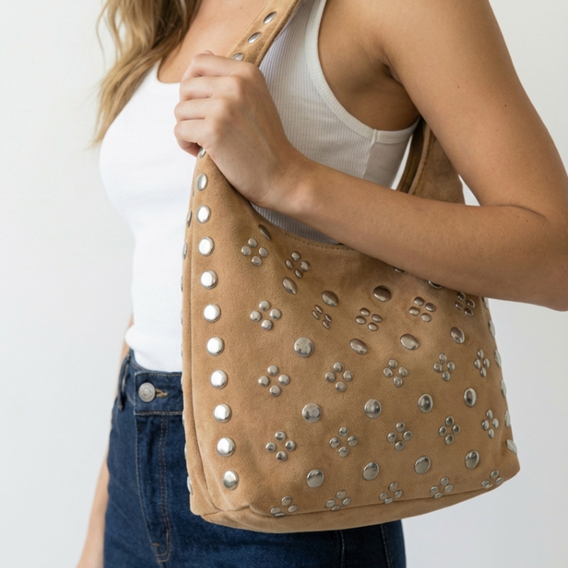 Studded Rivets Hobo Shoulder Bag