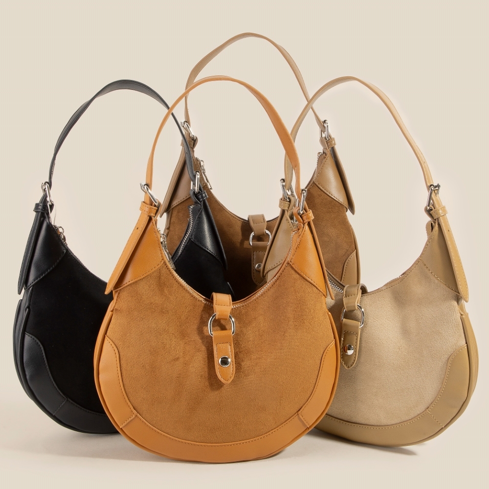 Leather Accent Suede Crescent Hand Bag