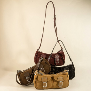 Suede Double Belted Front Pockets Hand Bag