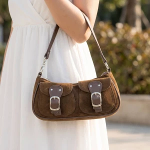 Suede Double Belted Front Pockets Hand Bag