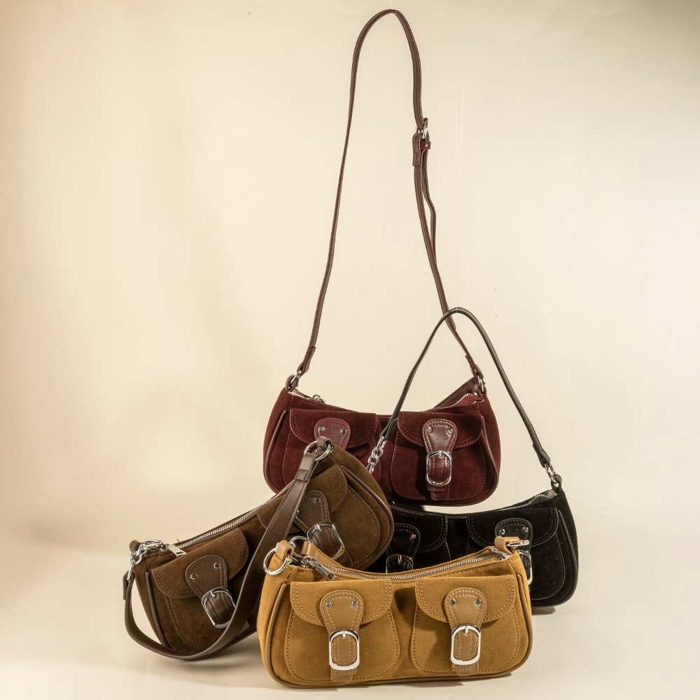 Suede Double Belted Front Pockets Hand Bag