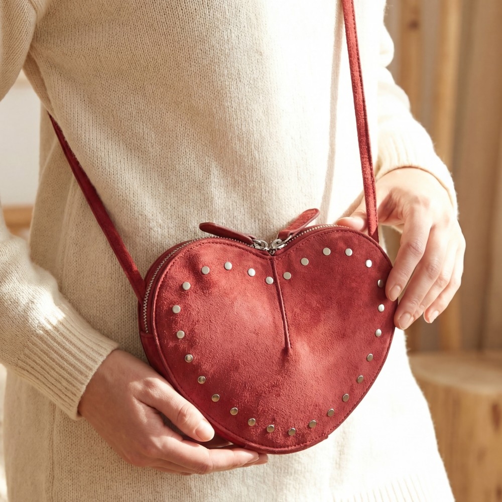 Studded Trim Leather Heart Shaped Crossbody Bag