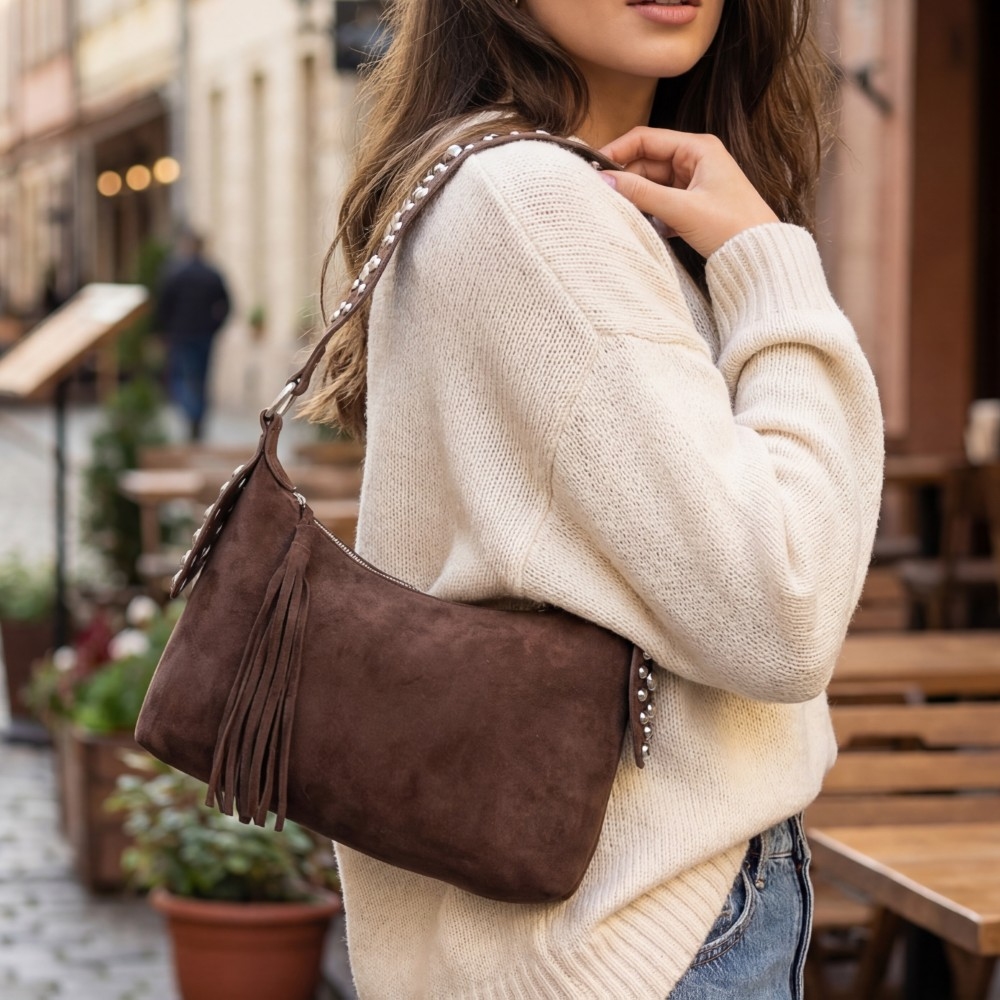 Metallic Dome Studded Suede Shoulder Bag