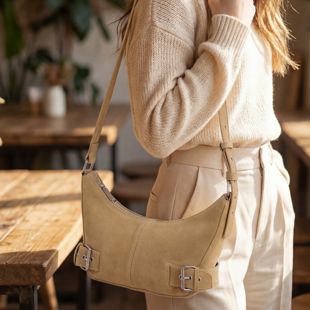 Suede Double Belt Buckle Shoulder Bag