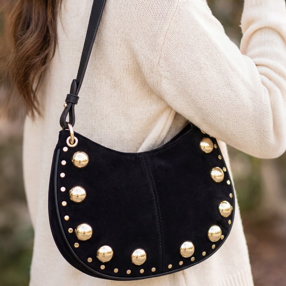 Ball Studded Trim Suede Hobo Shoulder Bags