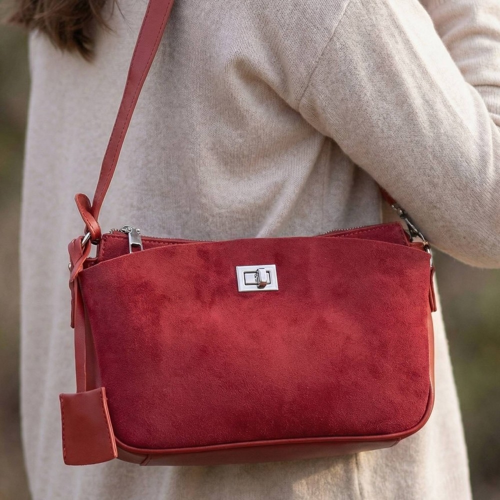 Pouch Style Turn Lock Detail Suede Shoulder Bag