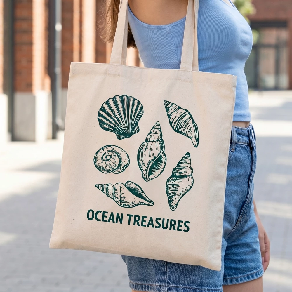 Seashell Print Canvas Graphic Tote