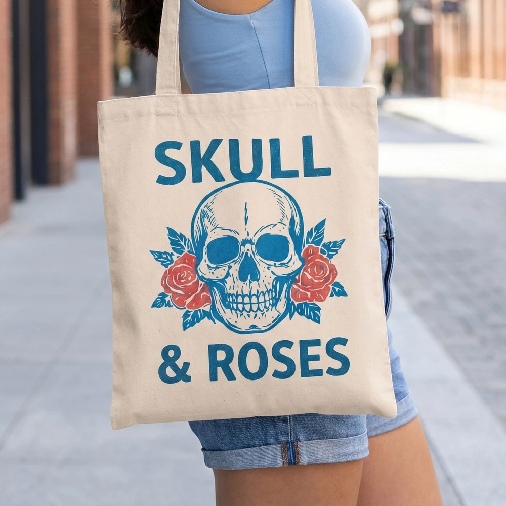 Skull And Roses Print Canvas Tote
