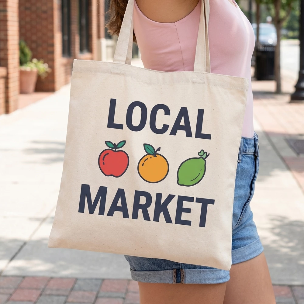 Local Market Fruit Print Canvas Tote