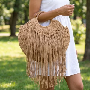 Crochet Fringe Handbag With Bamboo Handles