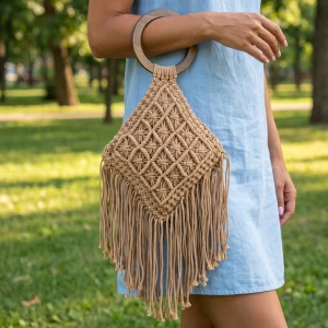 Macrame Fringe Handbag With Wood Ring Handle