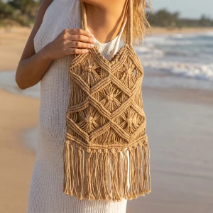 Macrame Fringe Straw Tote Bag