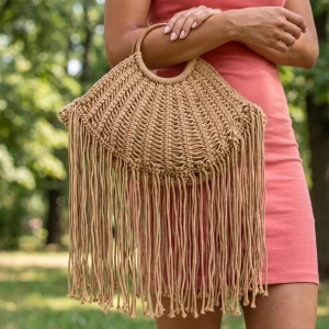Open Weave Macrame Fringe Fan Handbag