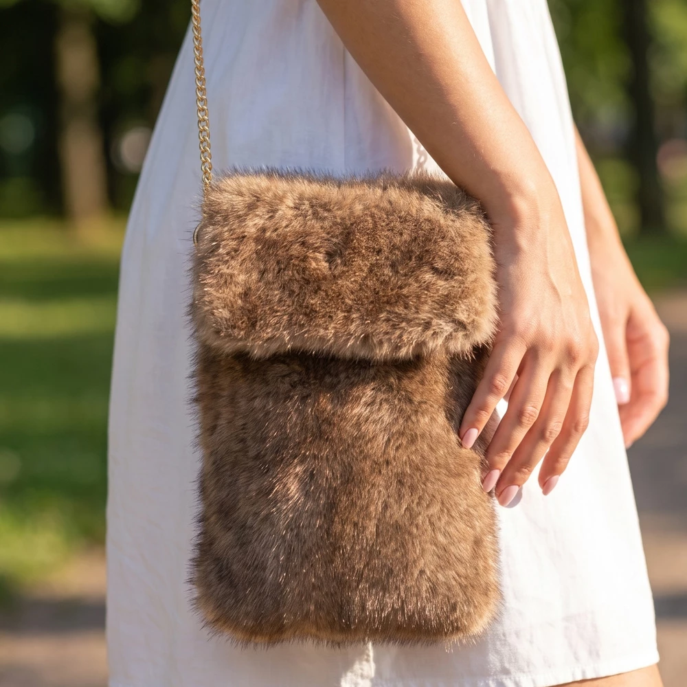 Plush Fur Phone Crossbody Bag With Chain Strap