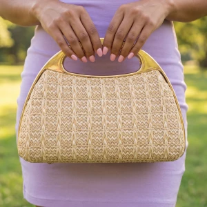 Woven Dome Hard Case Handbag With Metal Frame