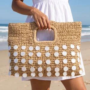 Crochet Straw Cutout Handle Tote With Shell Discs