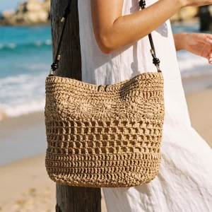 Crochet Straw Crossbody Bag With Flower Medallions