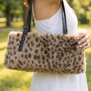 Leopard Print Plush Baguette Shoulder Bag