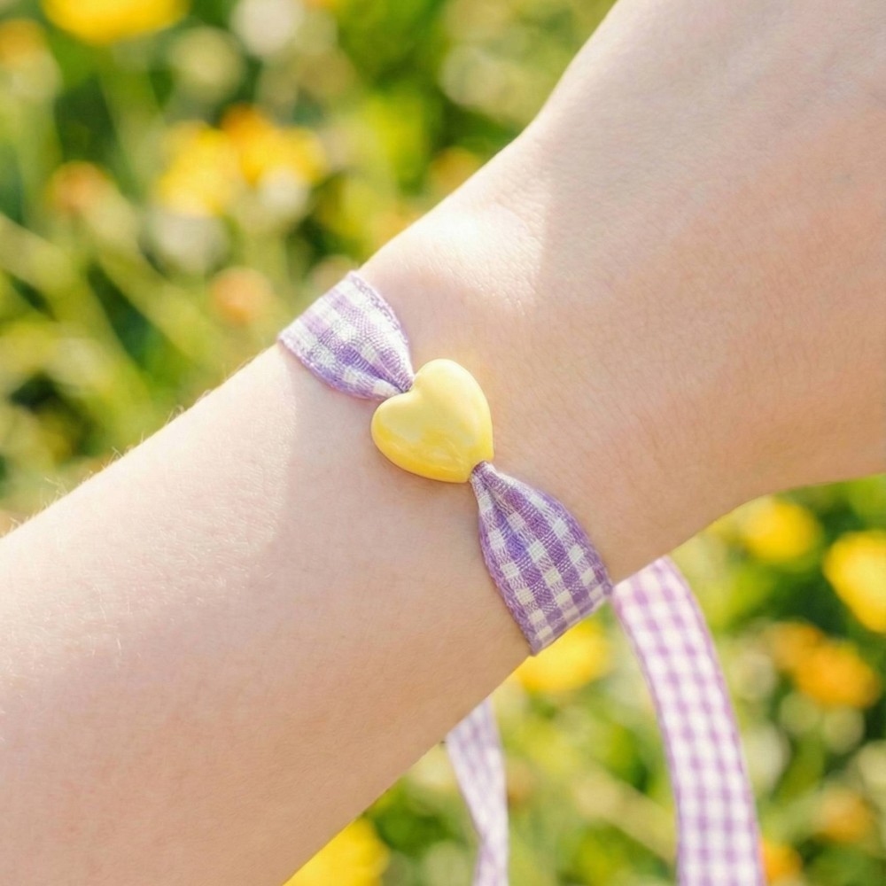Ceramic Heart Charm Plaid Ribbon Bracelet