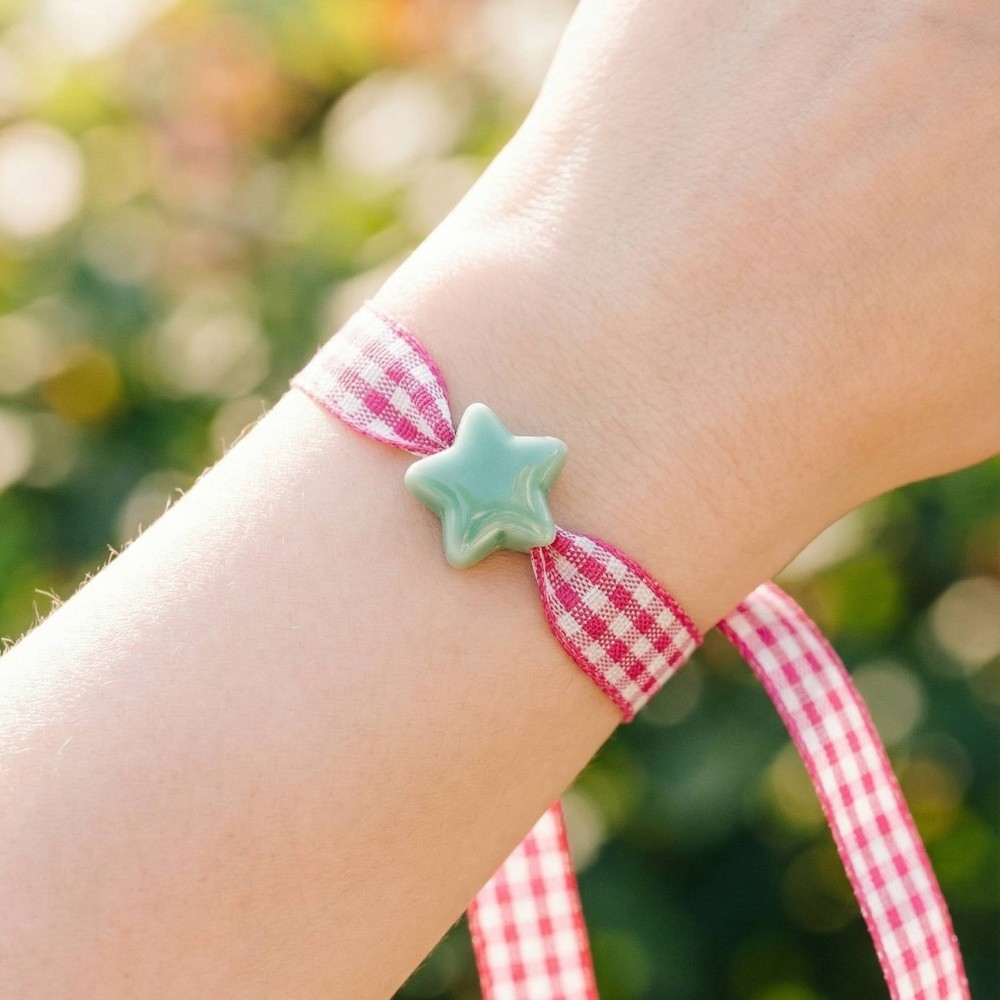 Ceramic Star Charm Plaid Ribbon Bracelet