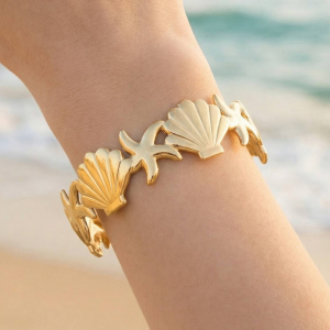 Stainless Steel Sea Shell And Starfish Cuff Bracelet