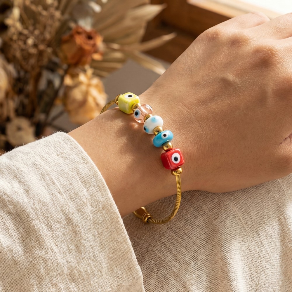 Stainless Steel Cord Assorted Evil Eye Blocks Bracelet