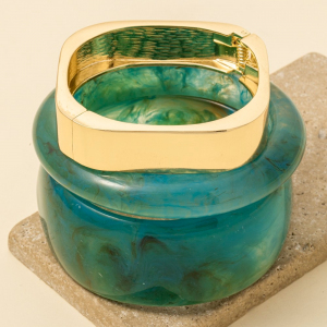 Wide Marble Resin And Metallic Square Hinge Bangle Bracelet Set