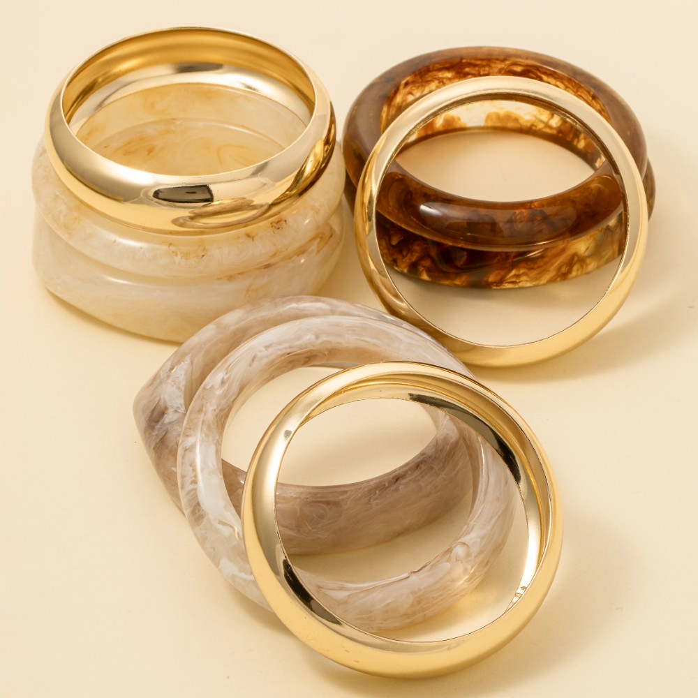 3 Piece Metallic And Marble Resin Bangle Bracelet Set