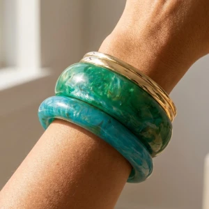 4 Piece Marbel Resin And Metallic Bangle Bracelet Set