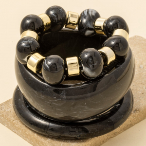 Marble Resin Wide Bangles And Elastic Beads Bracelet Set