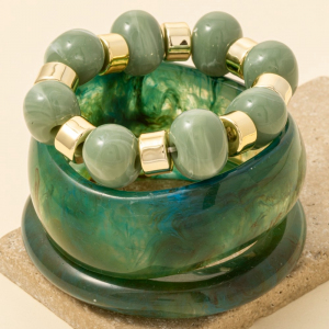Marble Resin Wide Bangles And Elastic Beads Bracelet Set