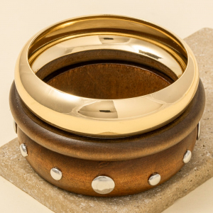 Wood And Metallic Bangle Bracelet Set