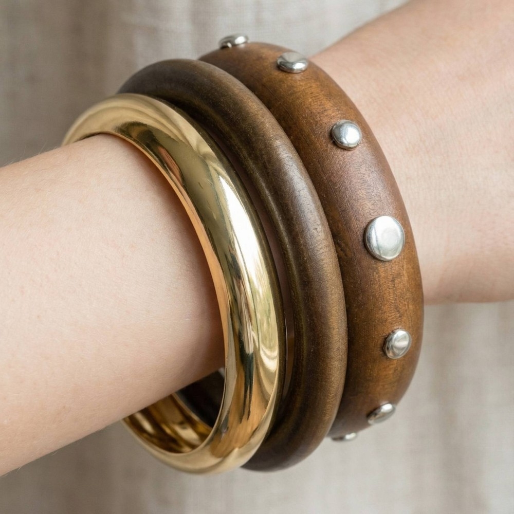 Wood And Metallic Bangle Bracelet Set