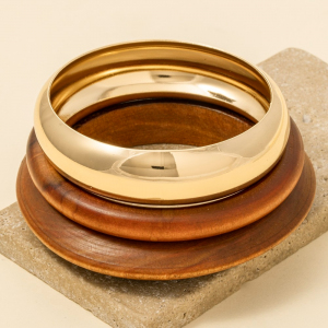 3 Piece Wood And Metallic Bangle Bracelet Set
