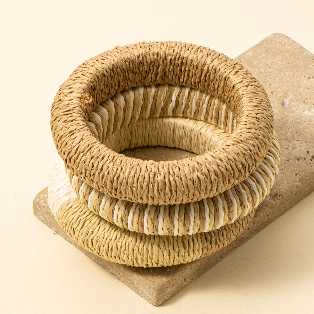 3Pc Mixed Straw Weave Bangle Bracelet Set