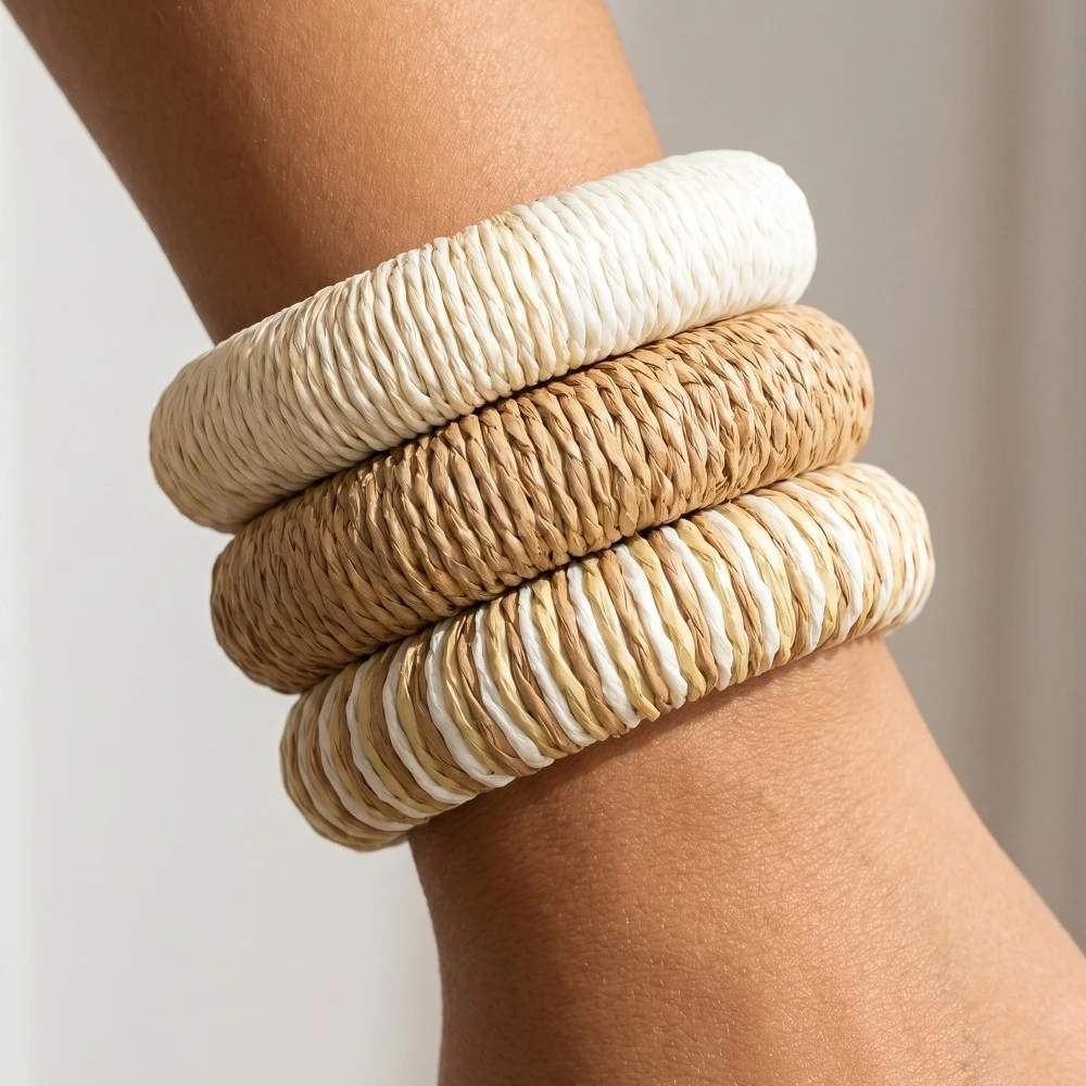 3Pc Mixed Straw Weave Bangle Bracelet Set
