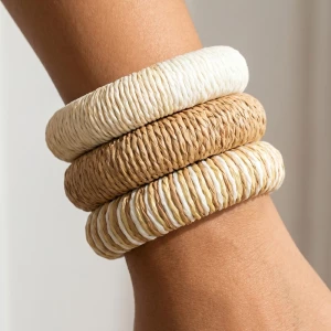 3Pc Mixed Straw Weave Bangle Bracelet Set