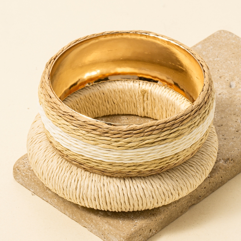 2Pc Mixed Straw Weave Bangle Bracelet Set