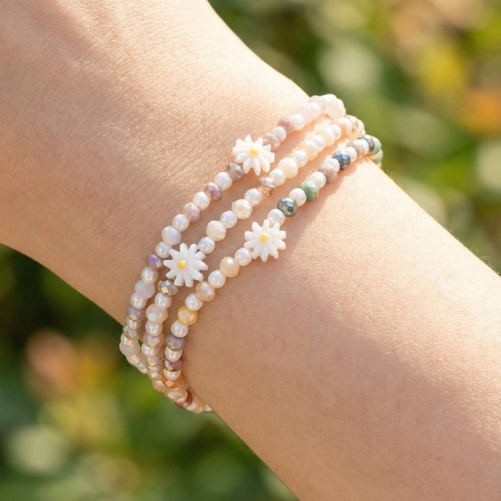 Flower Charm Beaded Bracelet 3 Set