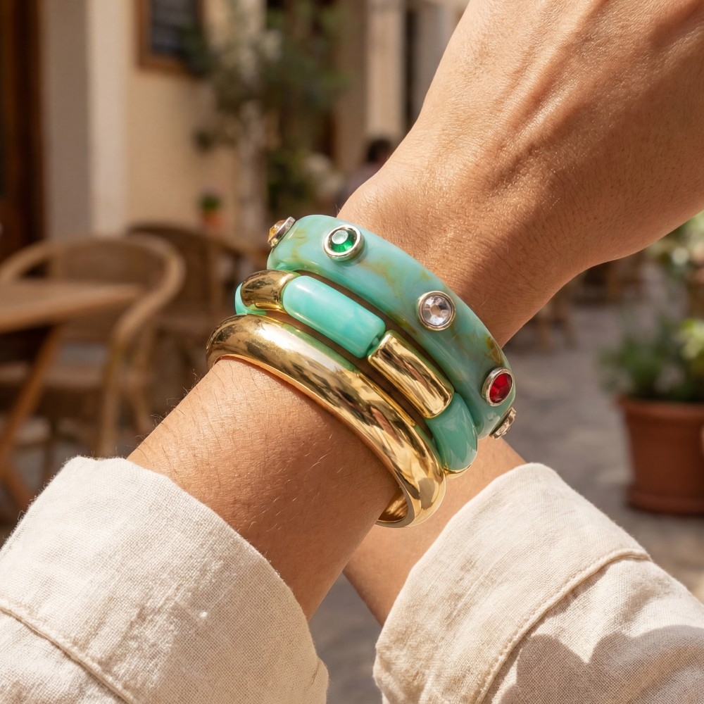 Studded Marble Resin And Metallic Bracelet Set