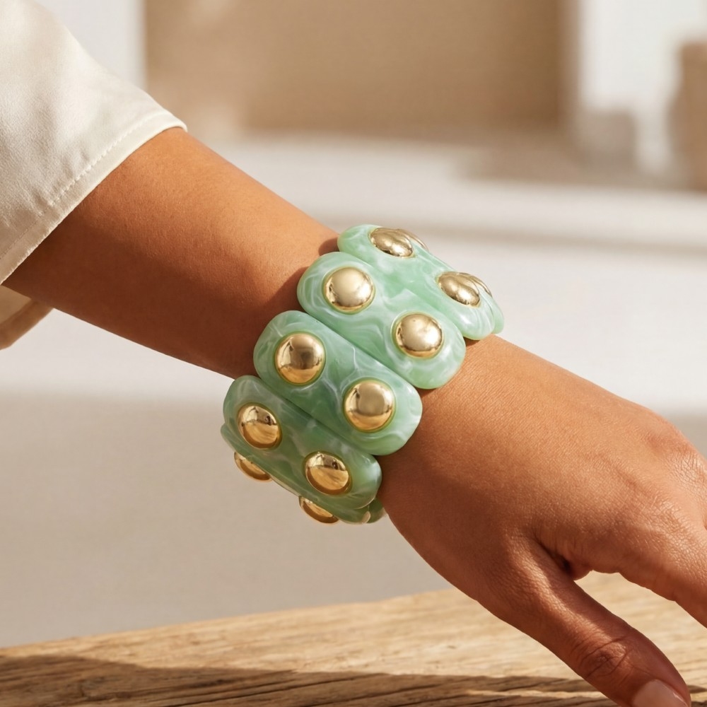 Metallic Studded Marble Resin Bars Elastic Bracelet