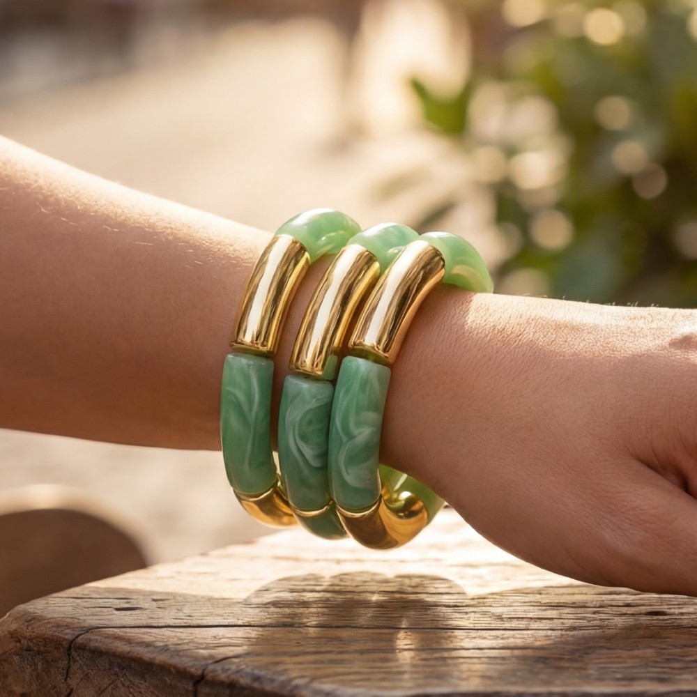 Metallic And Marble Resin Tube Elastic Bracelet Set