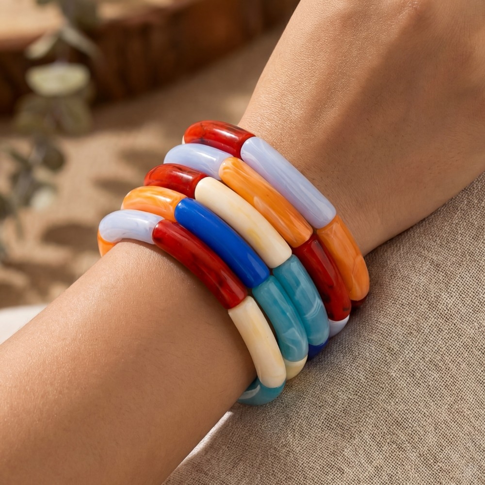 Marble Resin Tube Elastic Bracelet Set