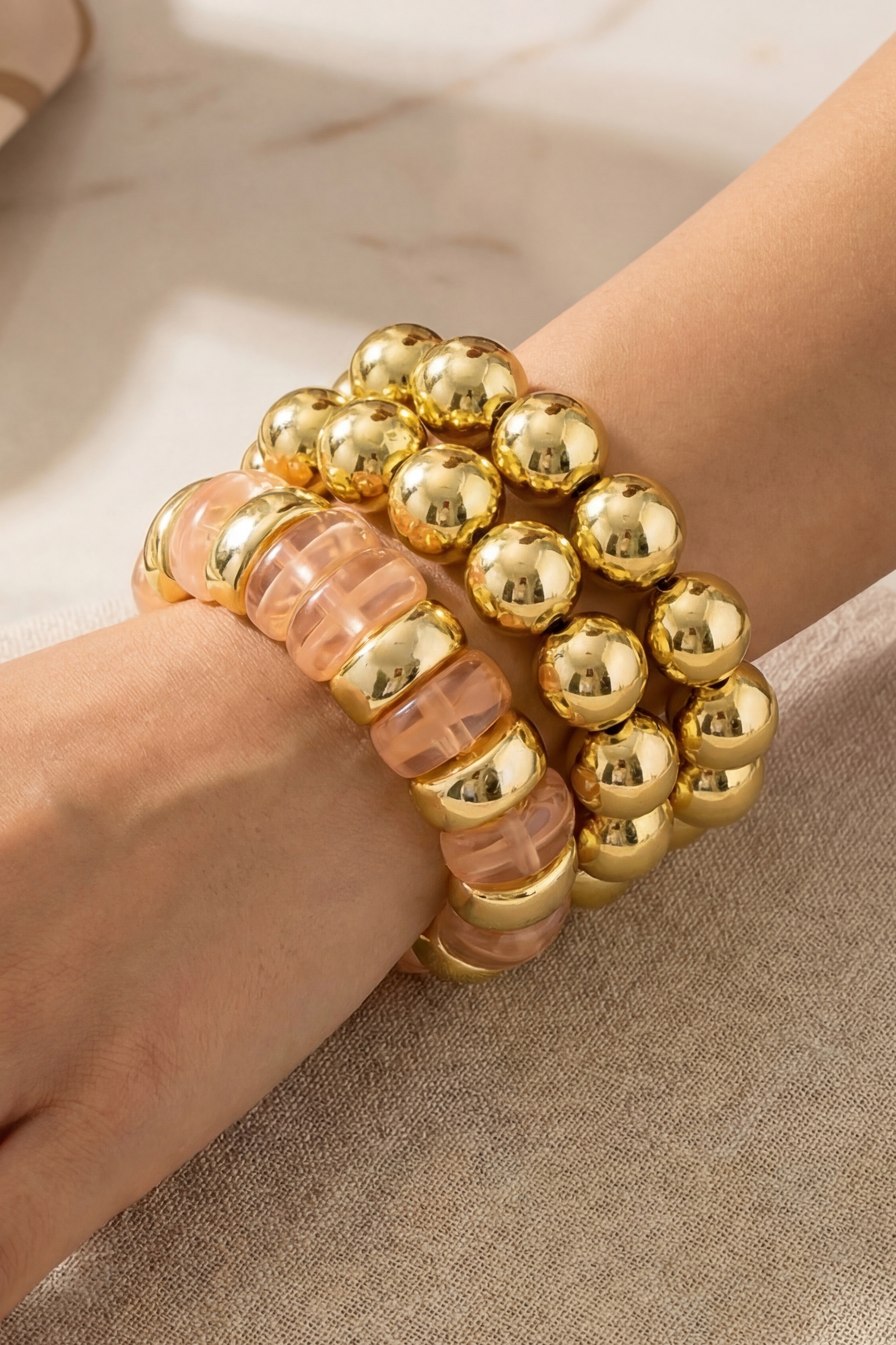 Chunky Marble Resin And Metallic Ball Beaded Bracelet Set