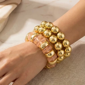 Chunky Marble Resin And Metallic Ball Beaded Bracelet Set